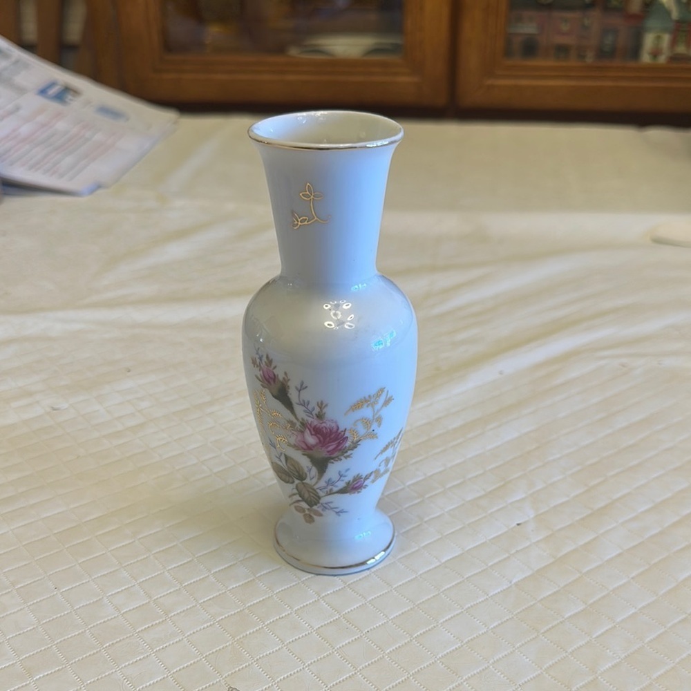 VTG Pale Blue Porcelain Mini Vase with Cherry‎ Blossom Accents Extra Small